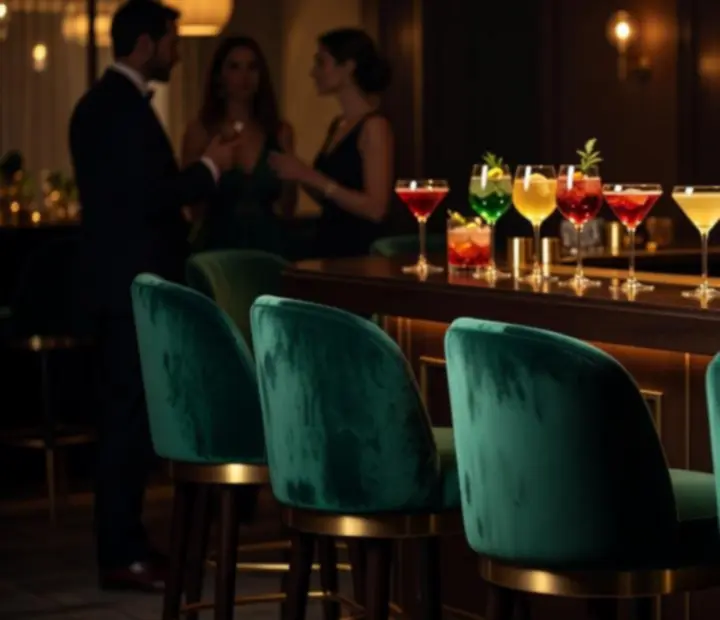 Ambiance lounge avec cocktails signature, lumière ambrée et silhouettes de joueurs de poker