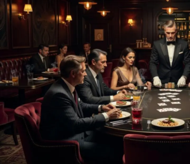 Serveur présentant un plat gastronomique près d'une table de poker avec jetons et cartes sous une lumière chaude