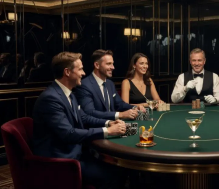 Vue d'ensemble d'une soirée poker au restaurant avec croupier, convives et plats gastronomiques