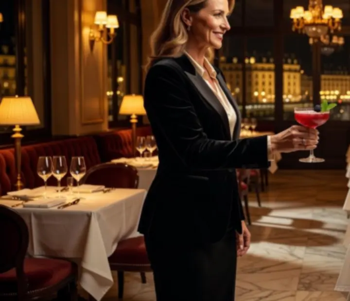 Accueil VIP dans un restaurant feutré avec cocktail et table de poker préparée pour la soirée