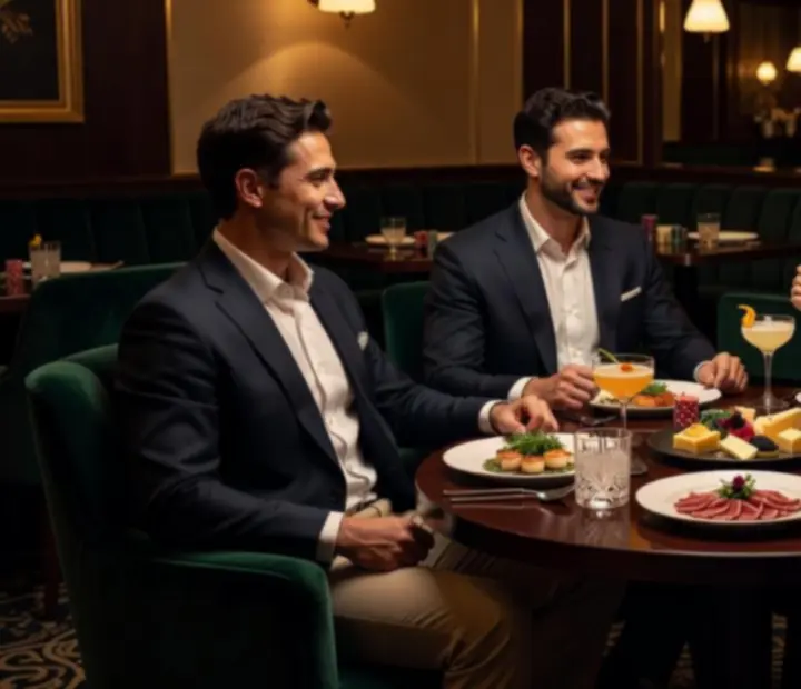 Groupe d'amis partageant un dîner gastronomique autour d'une table de poker dans un restaurant chic