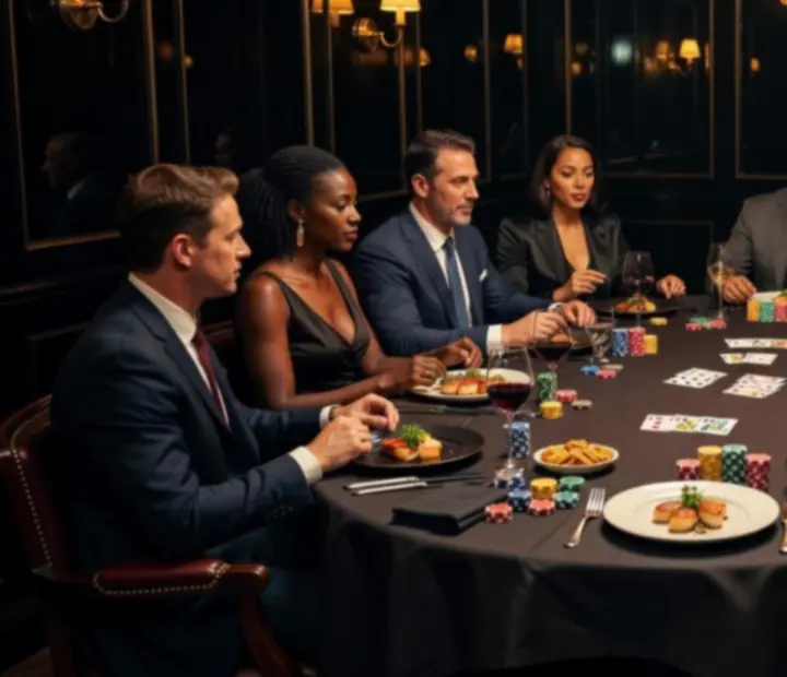 Table de restaurant plongée dans une ambiance nocturne, avec cartes de poker, jetons et assiettes gastronomiques sous une lumière ambrée