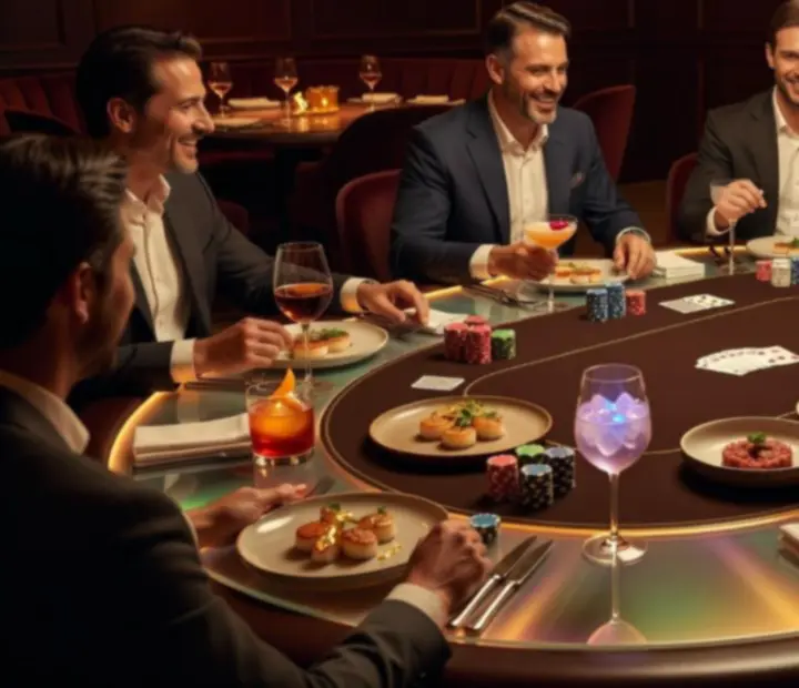 Ambiance de soirée poker et dîner gastronomique dans un restaurant sombre et chic.