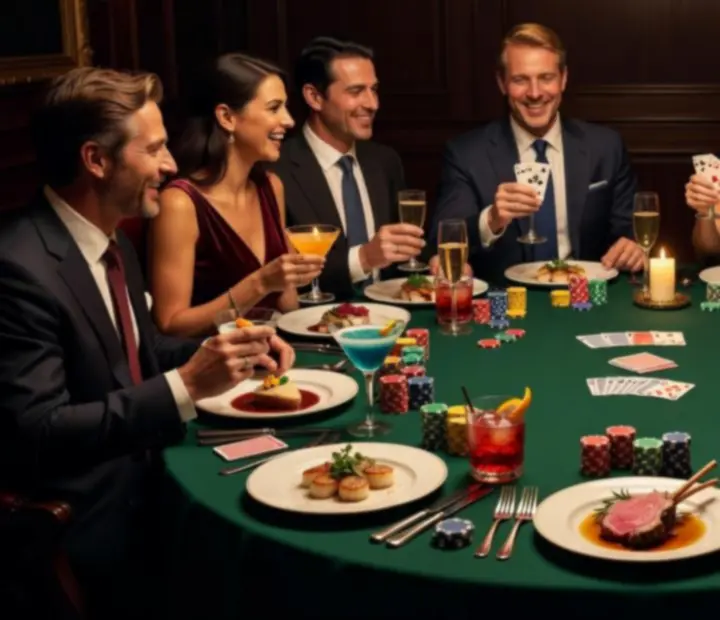 Montage de photos d’ambiance de restaurants partenaires avec tables dressées, jetons de poker et cocktails en lumière tamisée.