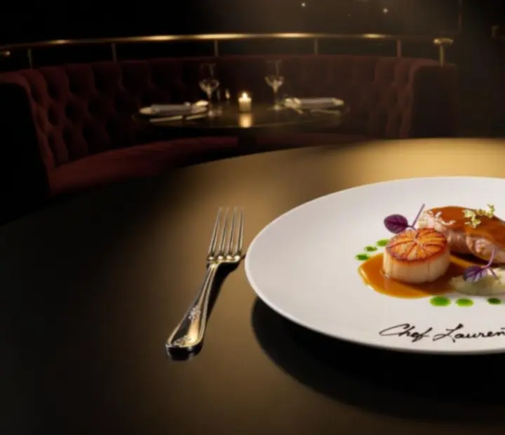 Plat gastronomique soigneusement dressé sous une lumière dorée