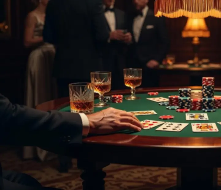 Table de poker au restaurant avec jetons, cartes et lumière ambrée