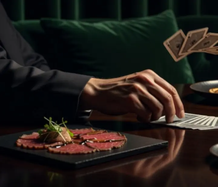 Vue cinématographique d'un dîner poker avec assiettes gastronomiques et tapis sombre éclairés par des bougies