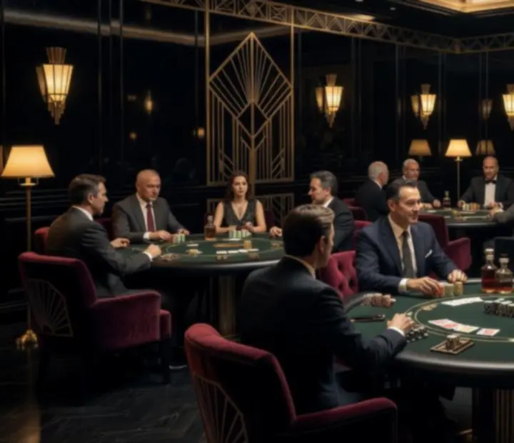 Intérieur lounge d'un restaurant sombre avec banquettes en velours, tables de poker et éclairages ambrés