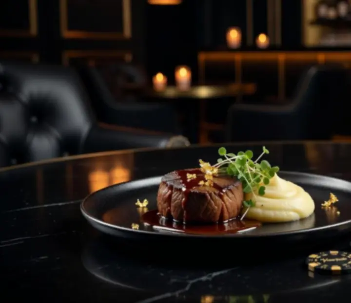 Assiette gastronomique dressée sous un spot lumineux, avec en arrière-plan des cartes et des jetons de poker