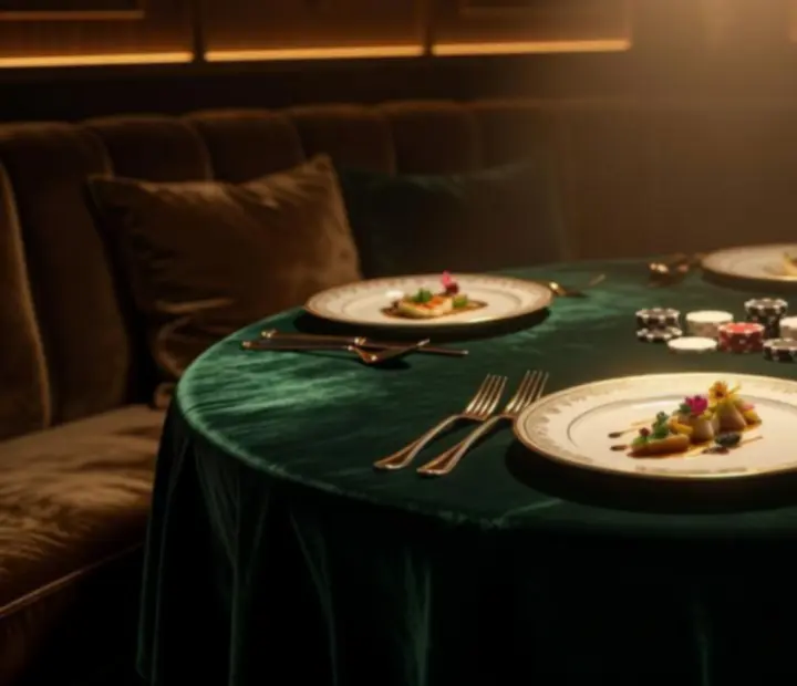 Table de restaurant en velours avec assiettes gastronomiques, verres et jetons de poker dans une ambiance sombre et chaleureuse
