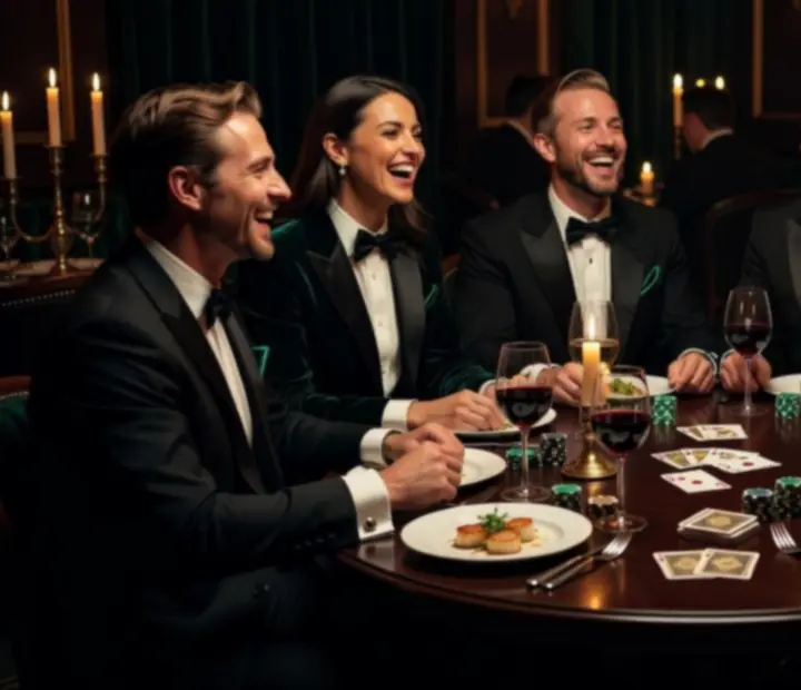 Groupe d'amis autour d'une table de poker au restaurant, dans une ambiance lounge feutrée