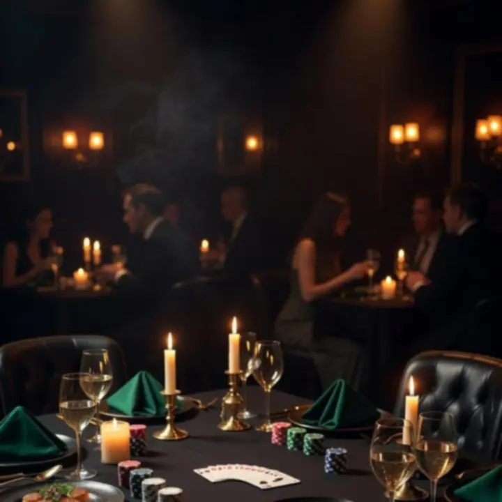 Table de restaurant dressée avec bougies, verres à vin et jetons de poker dans une ambiance nocturne feutrée