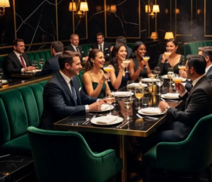 Table de restaurant feutrée avec jetons de poker, bougies et convives lors d'une soirée Poker & Dîner Gastronomique