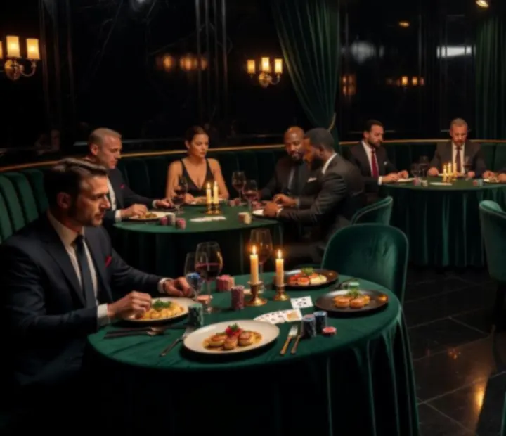 Table de restaurant sombre avec cartes, jetons de poker et assiettes gastronomiques sous lumière tamisée.