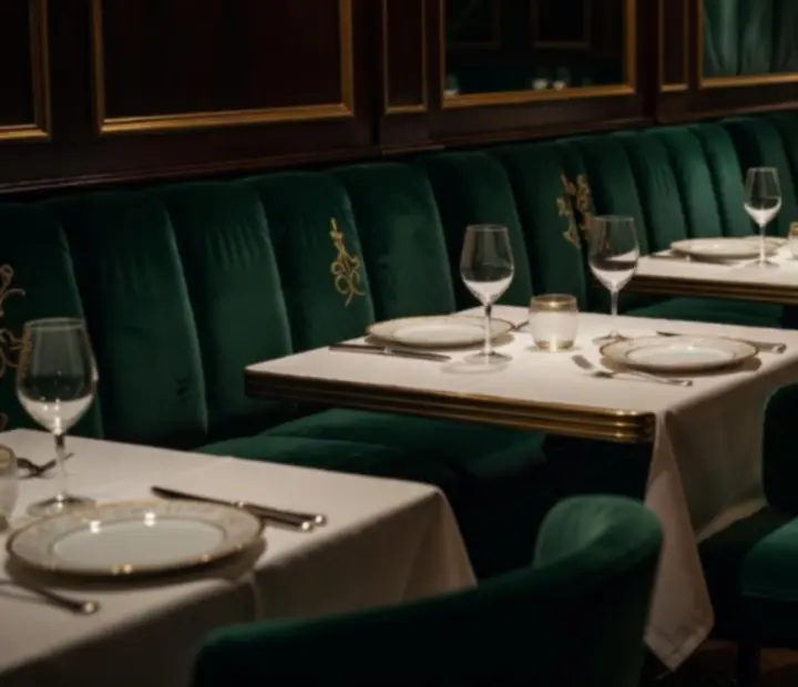 Intérieur de restaurant partenaire en lumière tamisée avec tables dressées pour une soirée poker gastronomique.