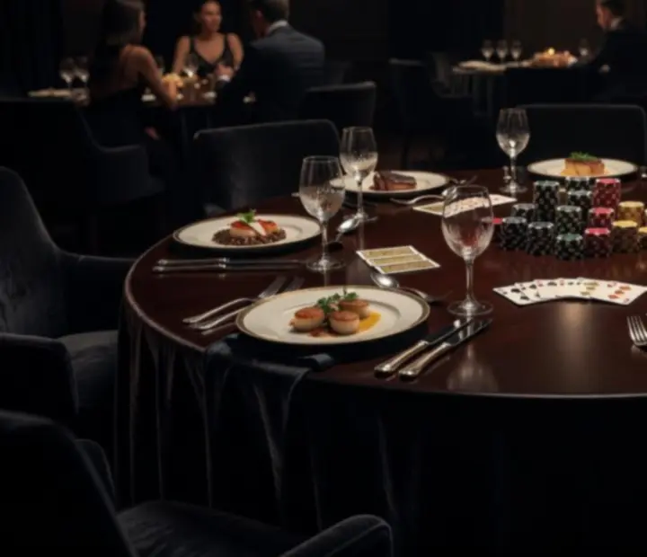 Table de poker gastronomique avec jetons mats, verre de vin et assiette raffinée.