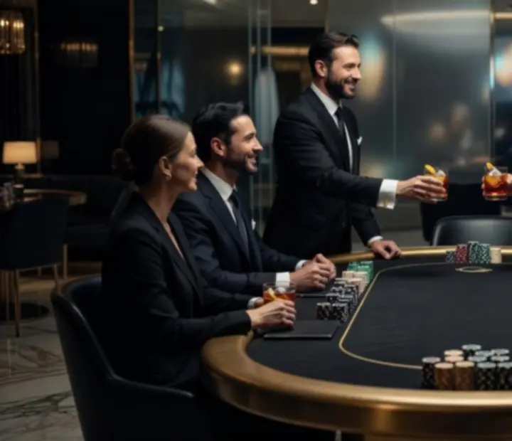 Accueil VIP autour d'une table de poker dressée dans un restaurant élégant.