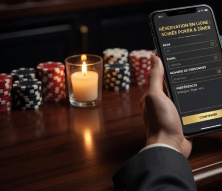 Main tenant un smartphone affichant une interface de réservation de soirée poker au restaurant