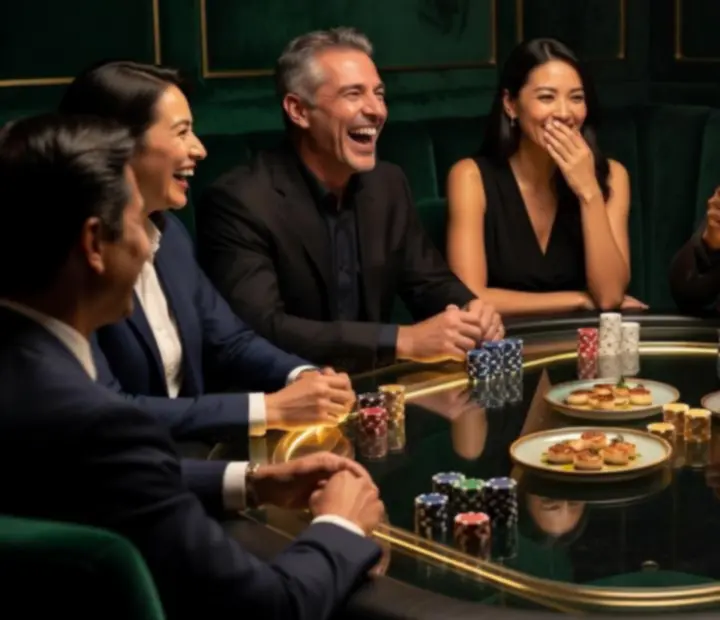 Groupe d'amis autour d'une table de poker dans un restaurant chic, verres à vin et plats à partager
