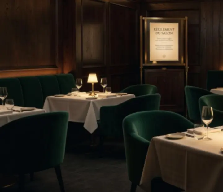 Lounge de restaurant parisien de nuit, éclairé à la bougie, prêt pour une soirée poker et gastronomie