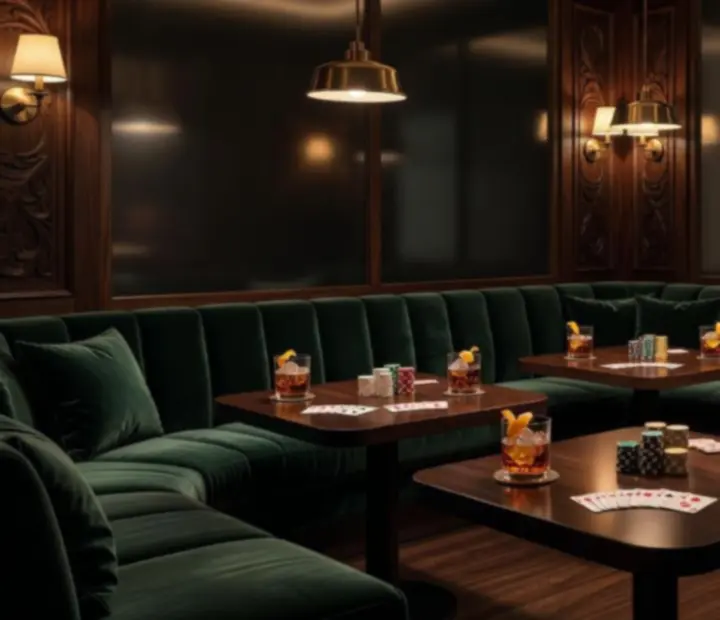 Salon privé avec banquettes velours émeraude et table de poker