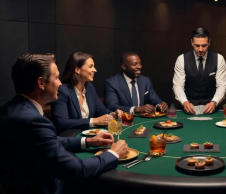 Équipe d'entreprise participant à un team building poker et dîner dans un restaurant élégant