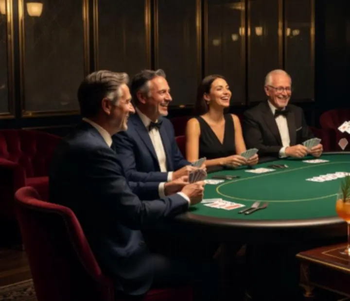 Tournoi de poker gastronomique avec croupier, assiettes raffinées et lumière ambrée dans un restaurant