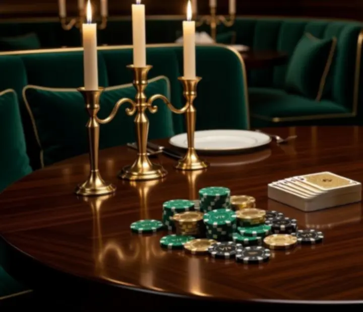 Table VIP dressée avec vaisselle raffinée, jetons de poker et lumière tamisée